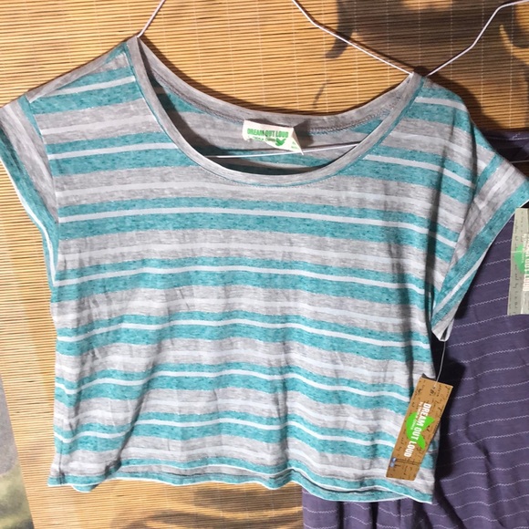 New top Short sleeve crop top blue gray white striped metallic thread nwt jr xs - Picture 5 of 9